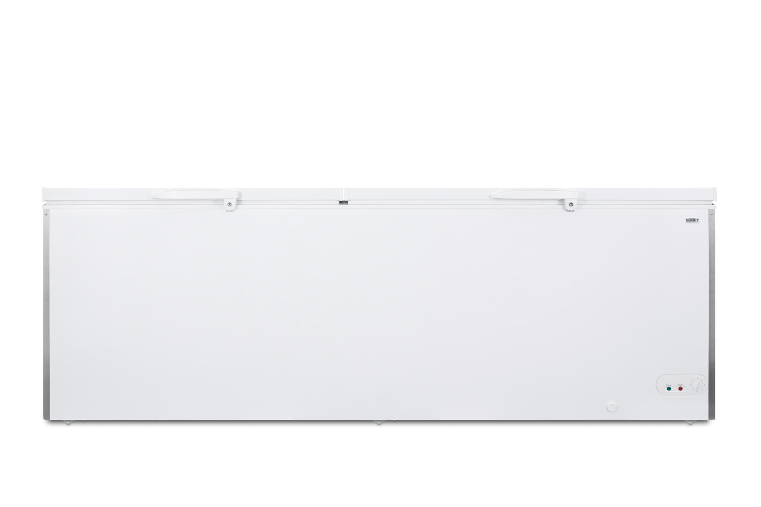 Commercially listed 26.66 cu.ft. manual defrost chest freezer in white with stainless steel corner guards